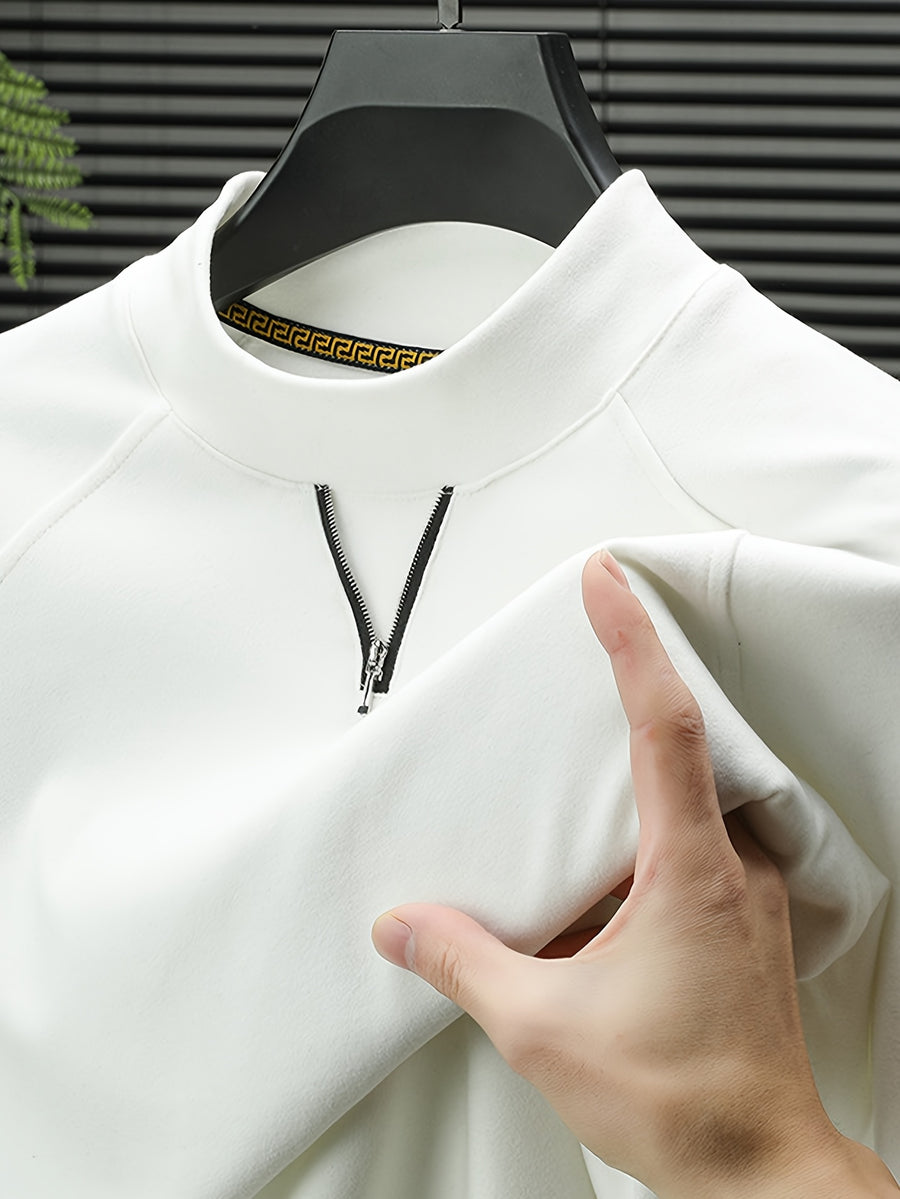 Men's Half-Turtleneck V-Neck Long-Sleeve Base Layer with Small Zipper, Understated and Mature, Seamlessly Transitions Between Business and Casual Settings - SINBOS - White