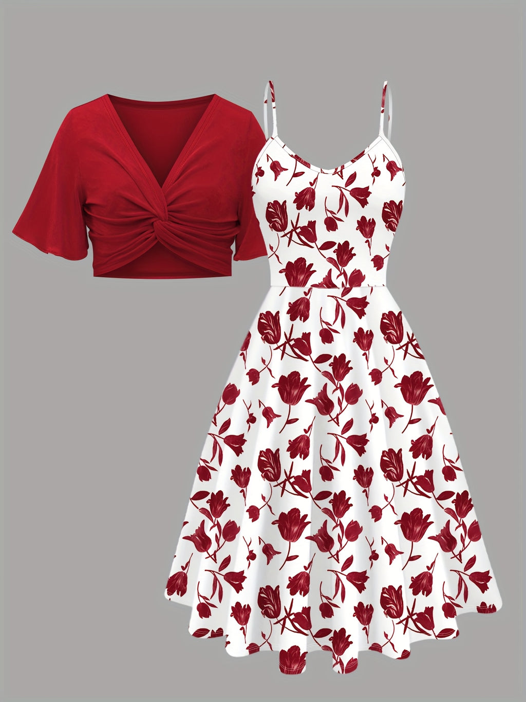 Women'S Elegant Dress Set, Solid Color V-Neck Twist Short Sleeve Top, Floral Print Suspender Dress Two-Piece Set - Mixed colors