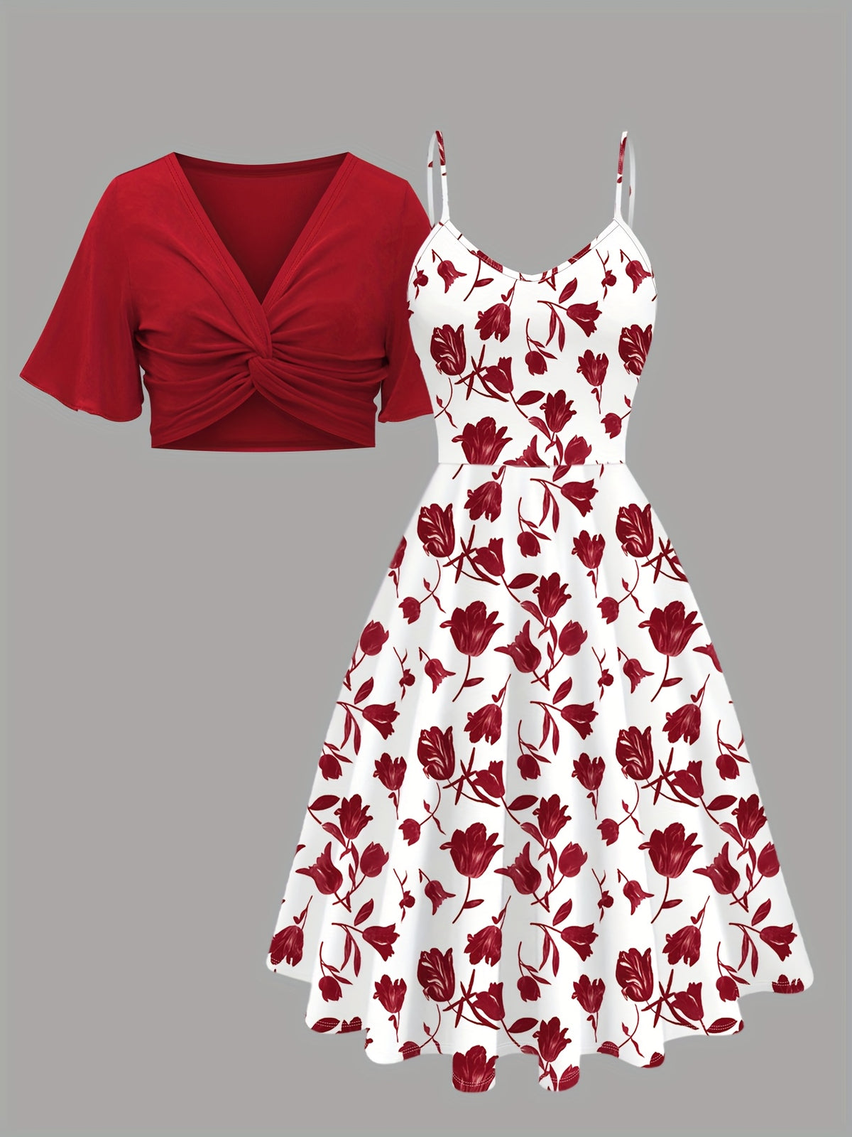 Women'S Elegant Dress Set, Solid Color V-Neck Twist Short Sleeve Top, Floral Print Suspender Dress Two-Piece Set - Mixed colors