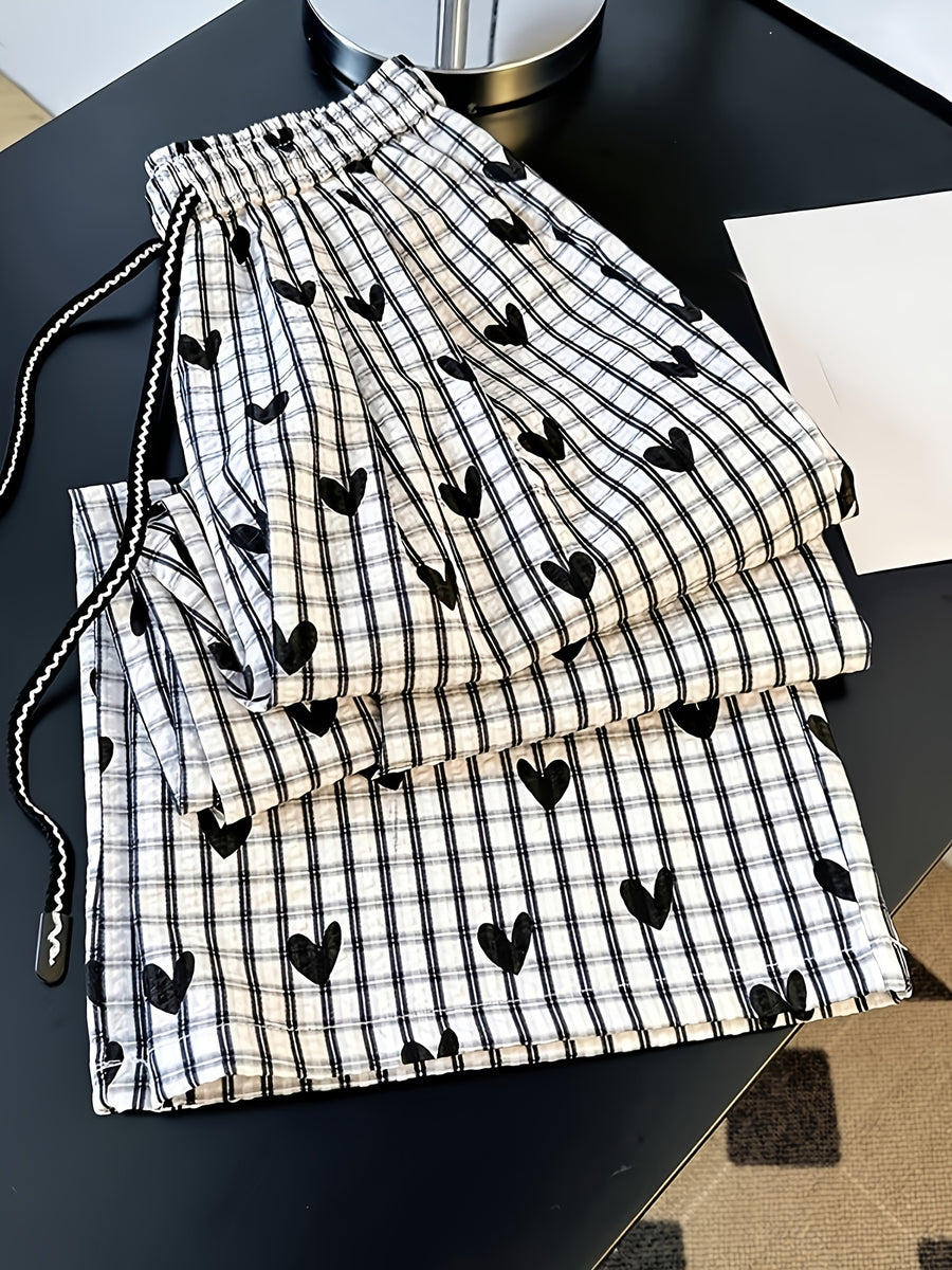 Elegant Wide- Trousers with High-Waisted Black & White Checkered Heart Pattern - Non-Stretch Suitable for - Casual to Dressy Pants, Wide-Legged for Balance and Coverage - Mixed colors
