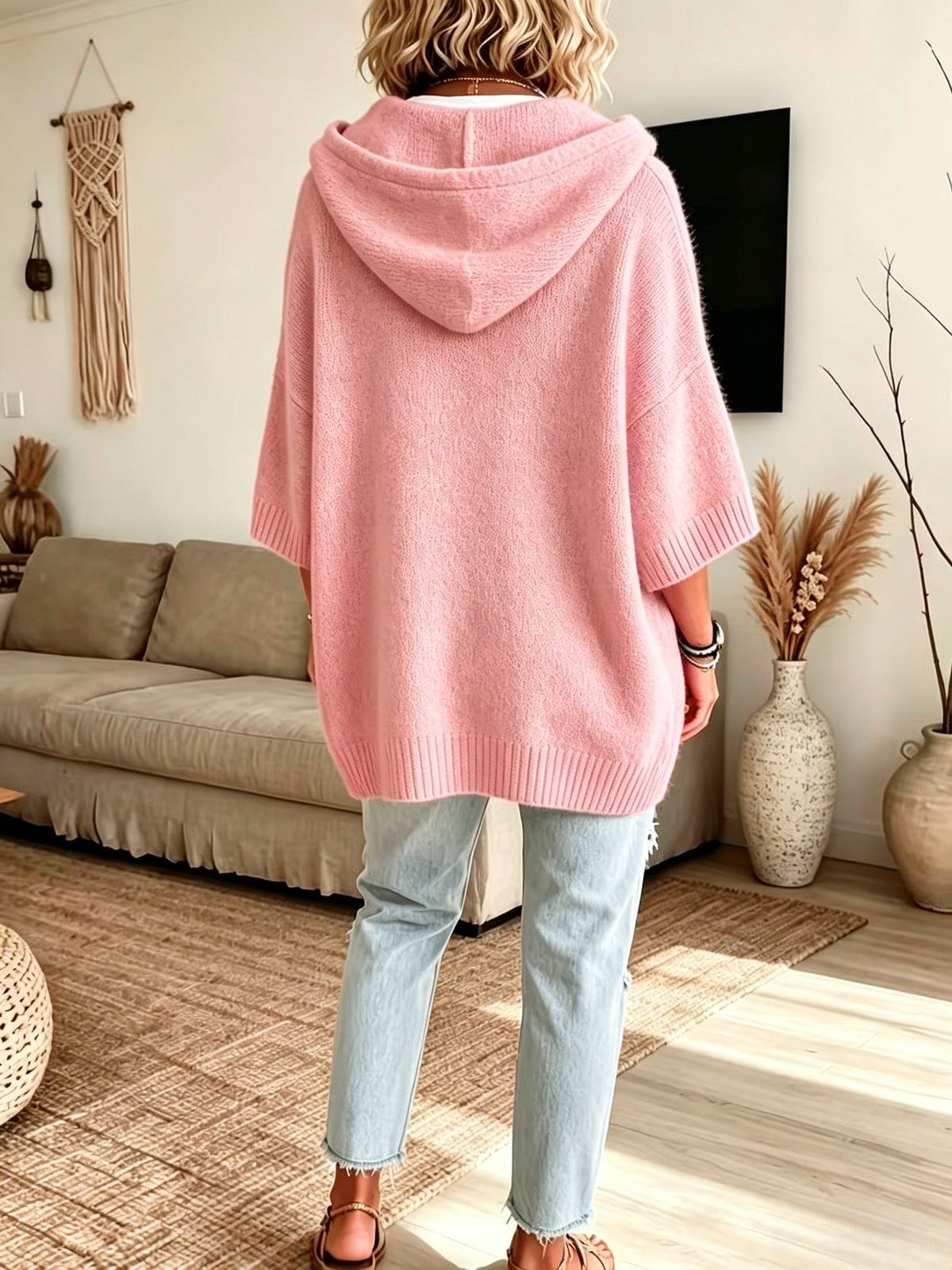 Women's Elegant Casual Style Cute and Sexy Hooded Sweatshirt, Cropped Batwing Sleeve Top, Short Sleeve, Mid-Sleeve Cardigan, Knitwear, Solid Color, Soft and Warm Sweater - Tender Pink