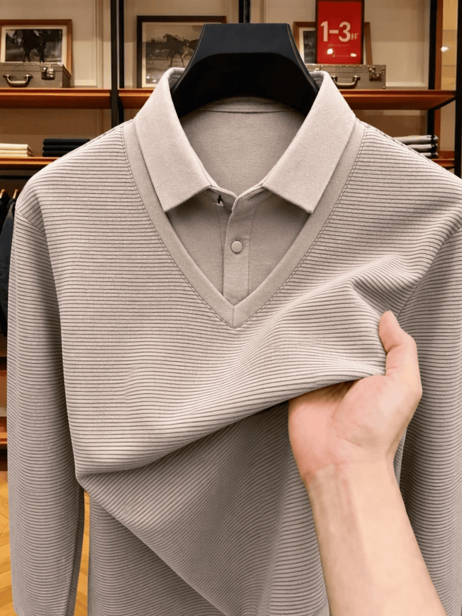 Men's Shirt Collar Fake 2pcs Knitted Top, Thick Warm Long Sleeve Base Shirt, Casual Pullover Polo for Golf, Fishing, Tennis, Winter Daily Wear for Middle-aged Dad - Almond Color