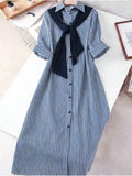 Zd260320142This New Women'S Fashion Blue And White Striped Long-Sleeved Shirt Dress Features a Two-In-One Button Design, a Loose Korean Style, And Is Versatile for Everyday Wear, Commuting, And Work - Blue