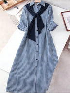 Zd260320142This New Women'S Fashion Blue And White Striped Long-Sleeved Shirt Dress Features a Two-In-One Button Design, a Loose Korean Style, And Is Versatile for Everyday Wear, Commuting, And Work - Blue