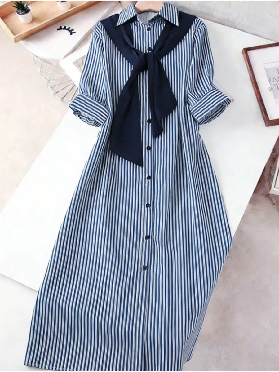 Zd260320142This New Women'S Fashion Blue And White Striped Long-Sleeved Shirt Dress Features a Two-In-One Button Design, a Loose Korean Style, And Is Versatile for Everyday Wear, Commuting, And Work - Blue