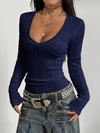 Women'S Spring/Summer Elegant Casual Ribbed V-Neck Long-Sleeved Slim Top - Sea Blue