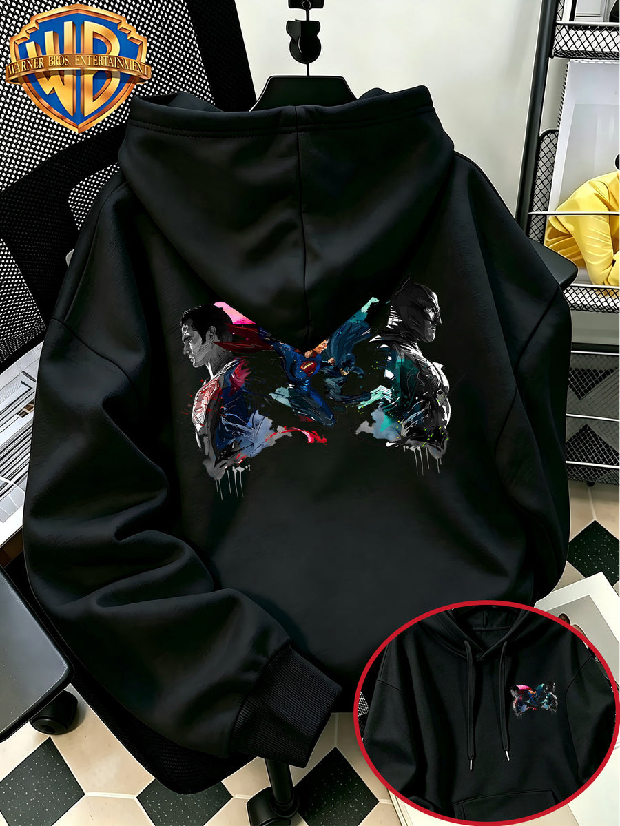 Autumn Winter Trendy Fashion Drawstring Pocket Hooded Men'S Sweatshirt, Ink Splatter Superman Batman Cool Print Design, Sporty Casual Loose Hoodie, Casual Wear for Daily Life, Trendy Style For, Suitable for Home And Outings, Unisex - Black