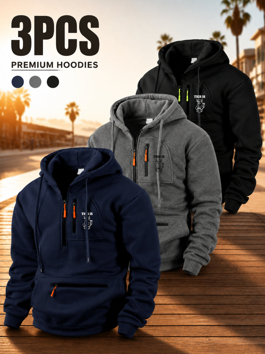 Men'S Hoodie Multi-Zipper Pocket Design Graphic Print Casual Streetwear Fall Winter 3pcs Set - Navy Blue + Dark Gray + Black
