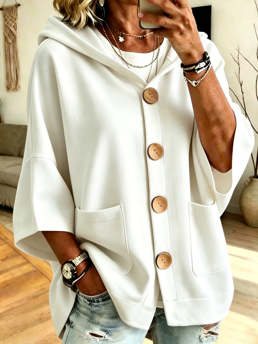 Plus Size, Women's Plus Size Hooded Sweatshirt, Elegant, Comfortable, and Simple Solid Color Plus Size Women's Front Button Hooded Sweatshirt - Stylish and Versatile - White