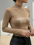 Women'S 2026 New Fashion Half-Neck Long Sleeve Body Suit, Casual Texture Fall Winter Style, Essential Base Layer for Fall Winter, Slim Sexy Comfortable Warm "Brooklyn New York Dotted Pattern" - Khaki