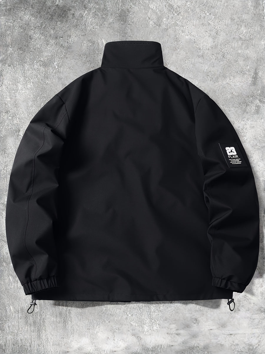Men's Stand Collar Jacket with Letter Print, Fashionable and Versatile, Large Pocket Design, Suitable for Outdoor Activities, School, Daily Commute, All-Season Wear. XMJK093 - Black