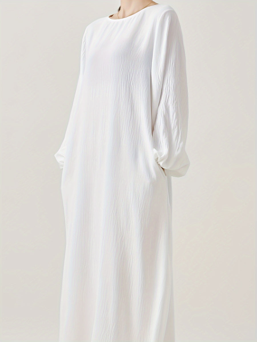 Comfortable & Casual Solid Color Muslim Dress with Bubble Pleats, Elastic Cuffs, and Flowy Hem - Polyester, Machine Washable - White