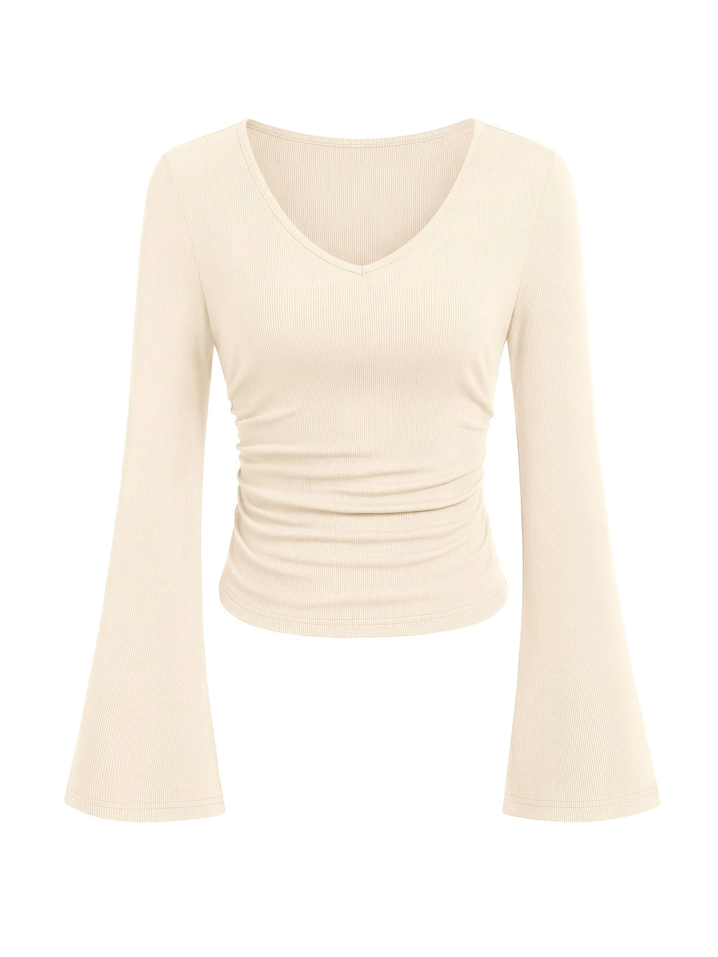 Women'S Fashion Ribbed Top Slim Flared Sleeve Ruched Basic Style Comfortable V-Neck Long Sleeve Bodycon Top - Army Green + Beige + Black