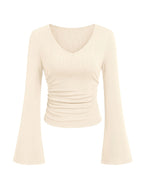 Women'S Fashion Ribbed Top Slim Flared Sleeve Ruched Basic Style Comfortable V-Neck Long Sleeve Bodycon Top - Army Green + Beige + Black