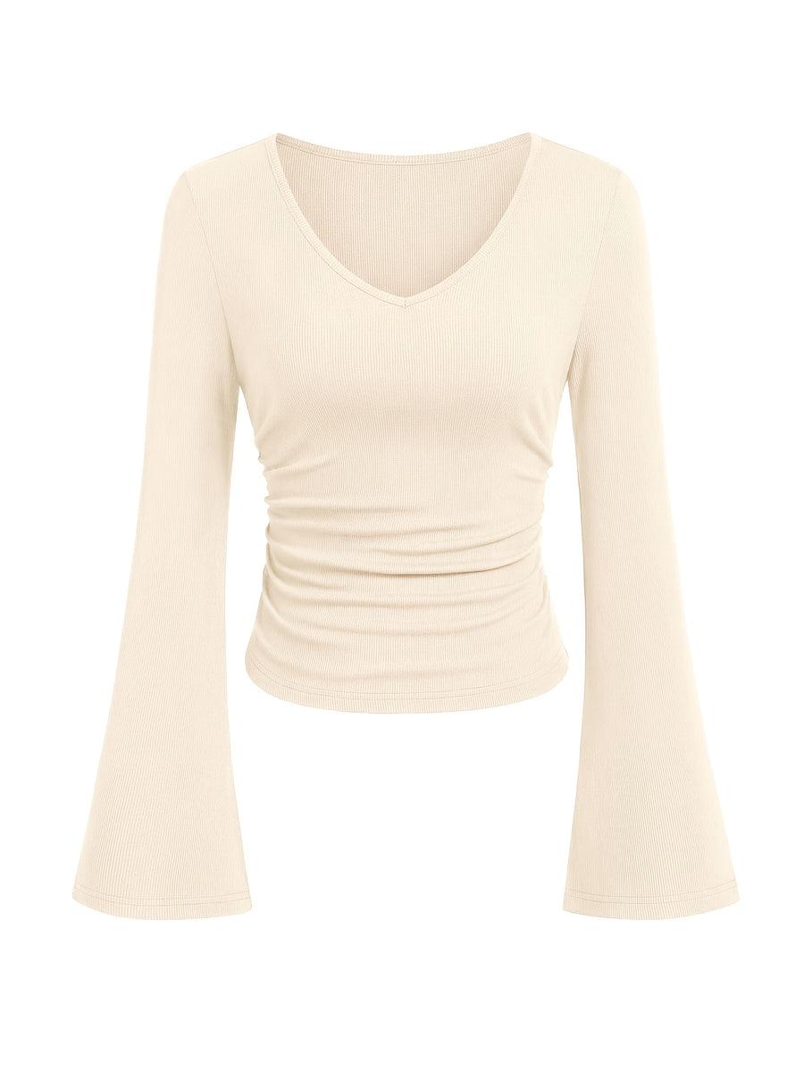 Women'S Fashion Ribbed Top Slim Flared Sleeve Ruched Basic Style Comfortable V-Neck Long Sleeve Bodycon Top - Army Green + Beige + Black