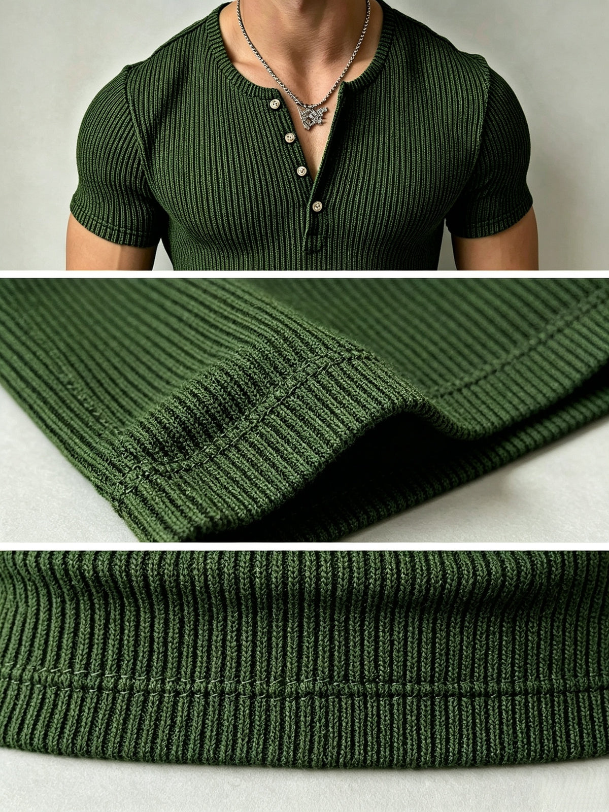 Josh Mei Product Selection Business Casual Men's Henley Short Sleeve Vertical Striped Textured Lightweight Breathable Top Outdoor Street Trendy Daily Commute Underwear Shirt - Green