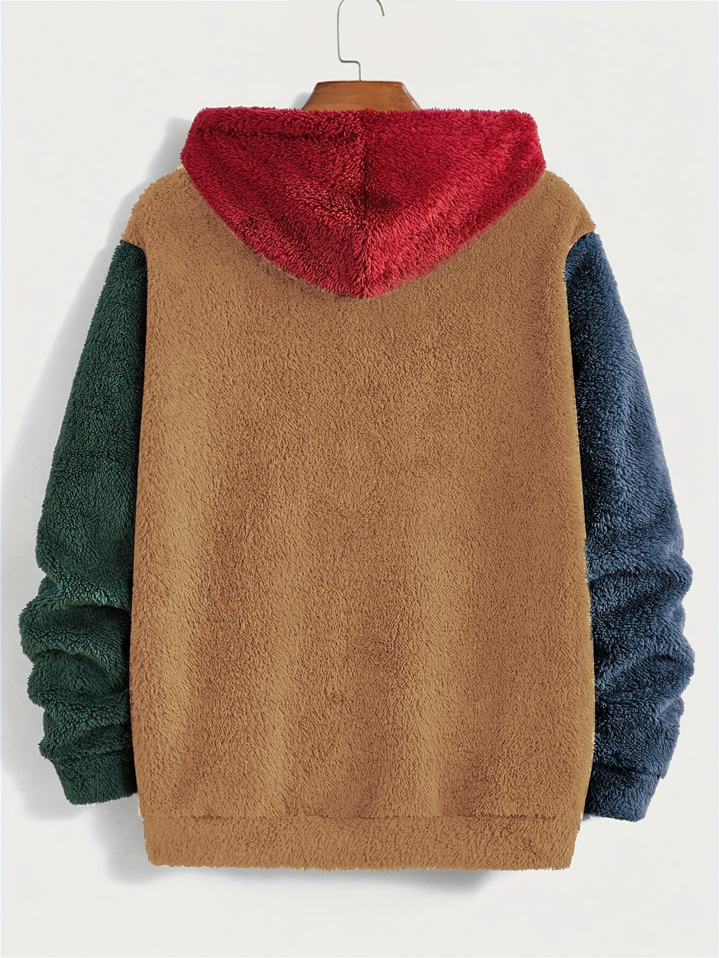 Men's Multicolor Plush Hoodie with Contrast Embroidery, Warm for Autumn/Winter, Long Sleeve, Machine Washable - Camel