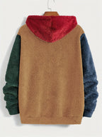 Men's Multicolor Plush Hoodie with Contrast Embroidery, Warm for Autumn/Winter, Long Sleeve, Machine Washable - Camel
