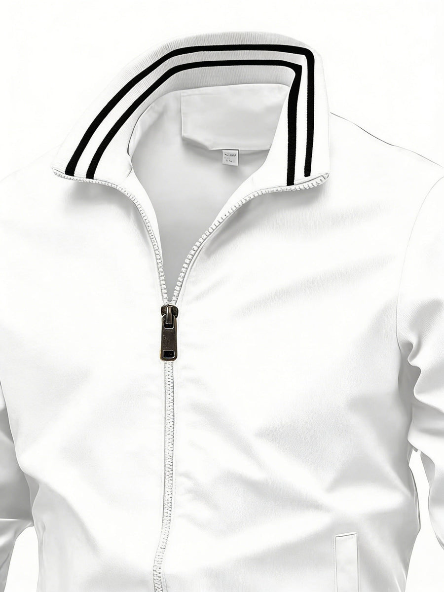 Back-to-School Couple's Trendy Pattern Letter "i" Print Stand Collar Jacket, Unisex High-Quality Ribbed and Double-Bar Design, Available in 8 Colors, Fashionable Jacket Top for Spring/Autumn Outdoor Sports, Cycling, Walking, Hiking, and Preppy Style - White