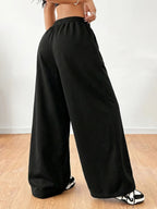 Sweet and Cool Bow Print with Letter Pattern, Women's Casual Y Straight-Leg Pants, Elastic Waist with Drawstring Wide-Leg Long Pants, All-Season Women's Trousers - Black