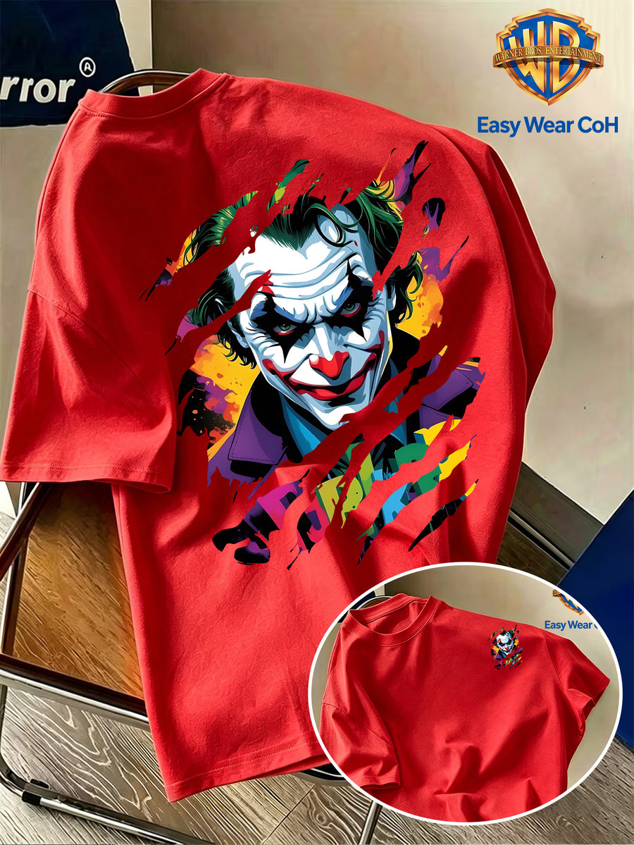 Warner Bros. Official Versatile New Men's Short-Sleeve T-Shirt, DC Joker Torn Claw Mark Effect Creative Pattern Print, DC Joker IP Trendy Men's Short-Sleeve Top, Strong Atmospheric Appeal, Unique Design, Comfortable and Skin-Friendly Fabric - Red