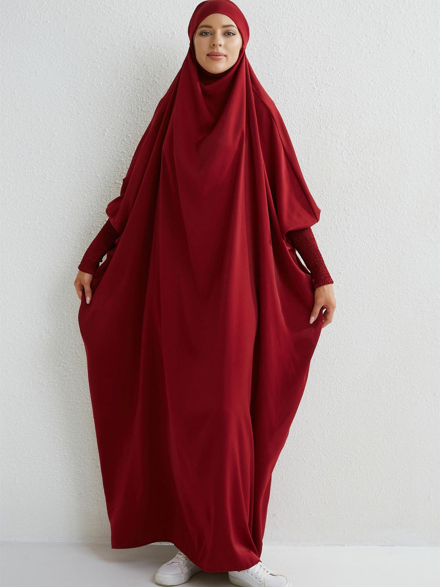Islamic Attire for Women Featuring a Hooded Jilbab with Smocking Sleeves, Designed for Prayer, Suitable for Modesty in Dubai And Saudi Arabia, Available in Black - Burgundy