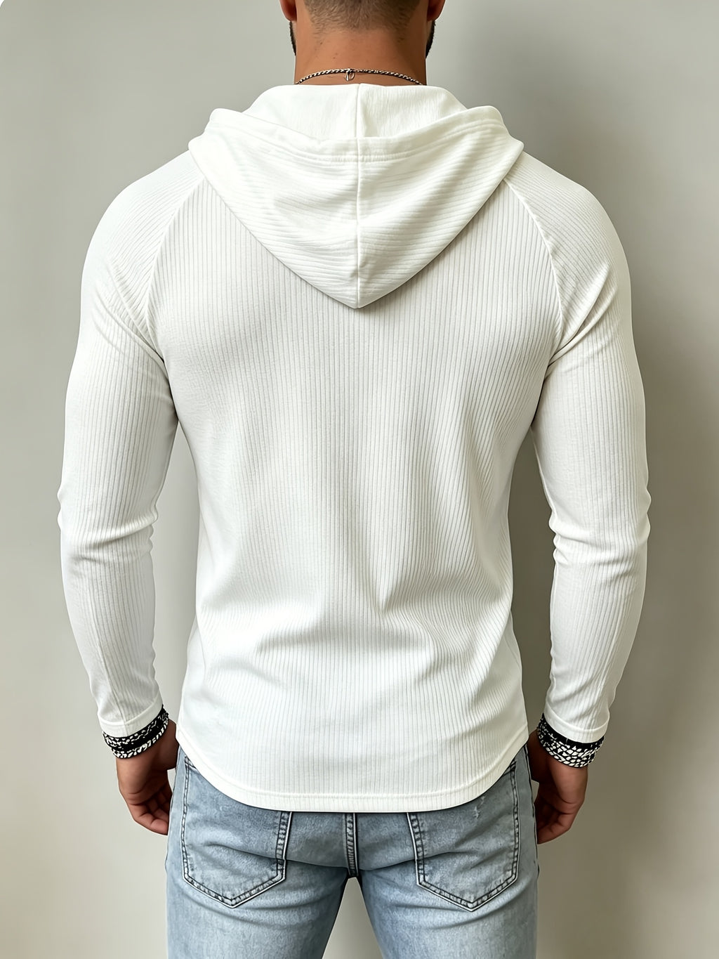 Joshmei OBM American Vintage Men's Slim Fit Ribbed Hooded Long Sleeve Shirt with Cross-Tie Deep V Design, Stretch Textured Long Sleeve, Outdoor Casual Fitness Hoodie T - White