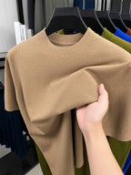 Men'S Summer Short-Sleeve Knit Top, Classic Round Neck Easy Solid Color Design, Breathable And Moisture-Wicking, Fashionable And Versatile in Multiple Colors, Suitable for Casual And Athletic Wear - Khaki