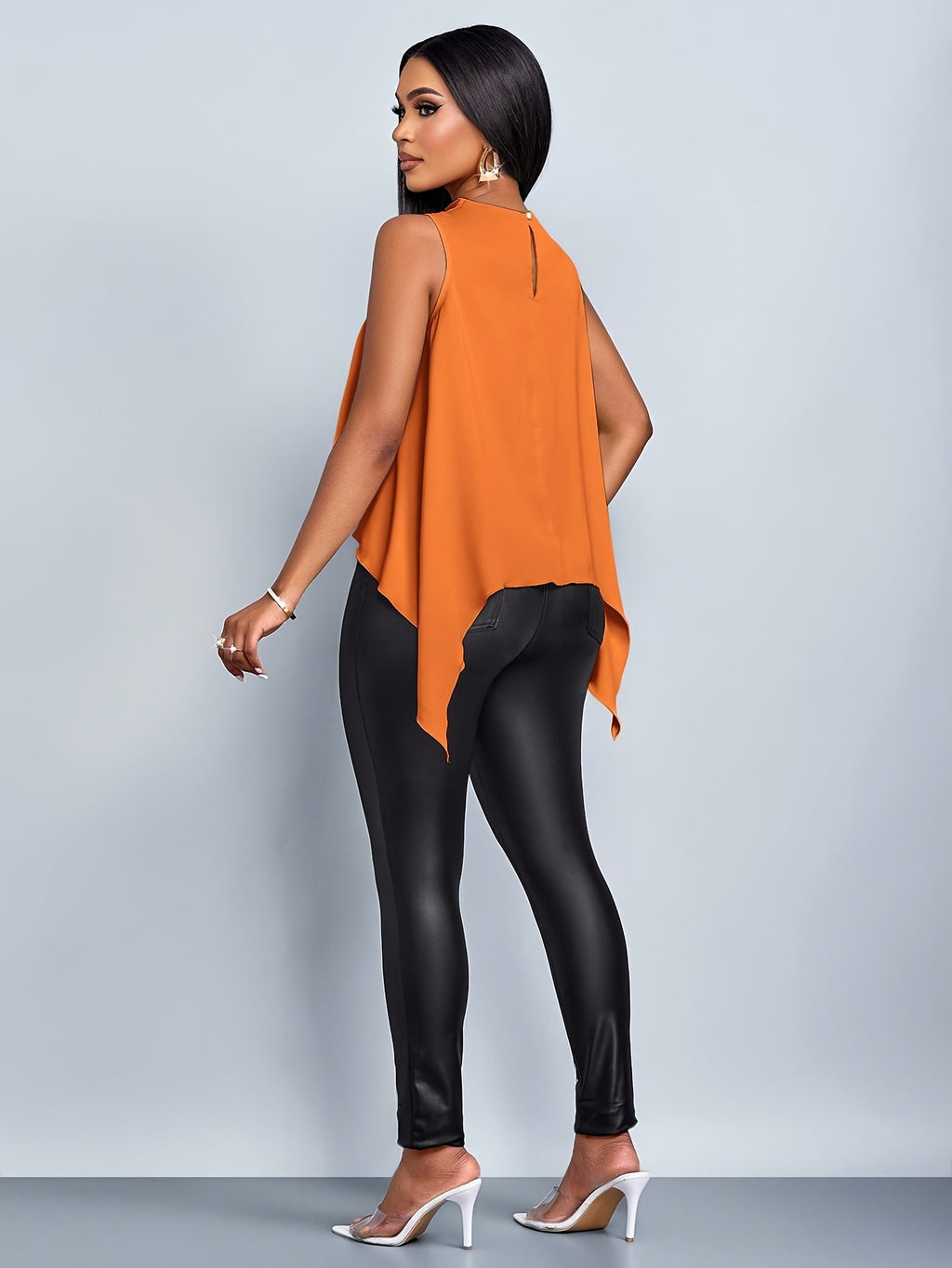Ladies' Spring/Summer Vacation Solid Color Elegant Asymmetrical Hem Sleeveless Shirt - Orange-Red