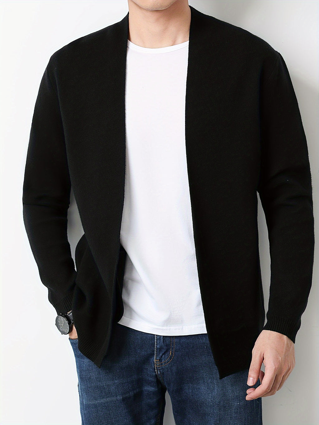 Men's Knitted Cardigan Sweater Jacket, Solid Color Pullover for Spring/Autumn, Slim Fit Outerwear for Young and Middle-Aged Men, Trendy Spring Pullover for Outer Wear - Black