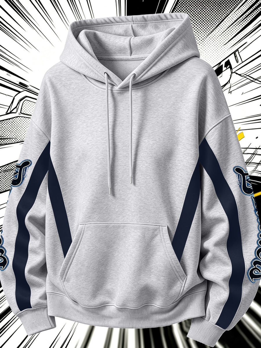 2026 Autumn/Winter Soft Skin-Friendly Men's Hooded Sweatshirt, Striped Patchwork Print Long Sleeve, Adjustable Drawstring, Large Capacity Kangaroo Pocket, Versatile Pullover Hoodie for Campus Parties - Grey
