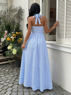 Women'S Striped Halter Neck Long Dress, Vacation Style, Elegant Temperament Long Dress, Summer New Style - Blue
