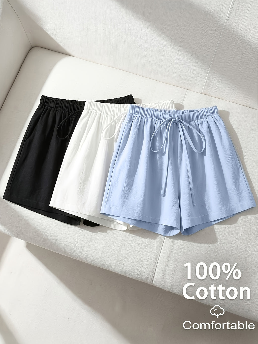 3pcs Set of Pure, Western Easy Style Solid Color Shorts for Women, Summer Thin High-Waist Elastic Waist Wide-Leg Flat-Seam Pants, Fashionable Versatile Trousers - Off-white + Black + Blue