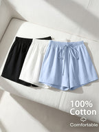 3pcs Set of Pure, Western Easy Style Solid Color Shorts for Women, Summer Thin High-Waist Elastic Waist Wide-Leg Flat-Seam Pants, Fashionable Versatile Trousers - Off-white + Black + Blue