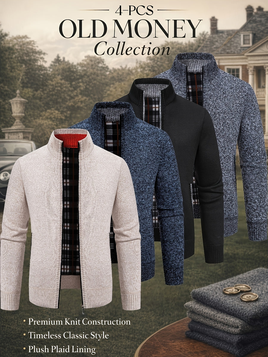 Men'S Cardigan Set from The Old Qian Brand with 4pcs — Made from Premium Knitted Material, Featuring a Classic Design That Is Warm, Fashionable, And Adaptable for Different Events - Dark Gray+Black+Blue+Apricot