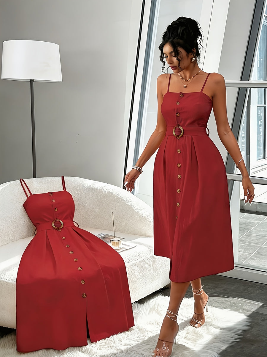 A Stylish And Elegant Sleeveless Dress with Easy Button Decorations, Perfect for Daily Commutes And Dates, Featuring a Mid-Length Design And a Belt - Orange-red