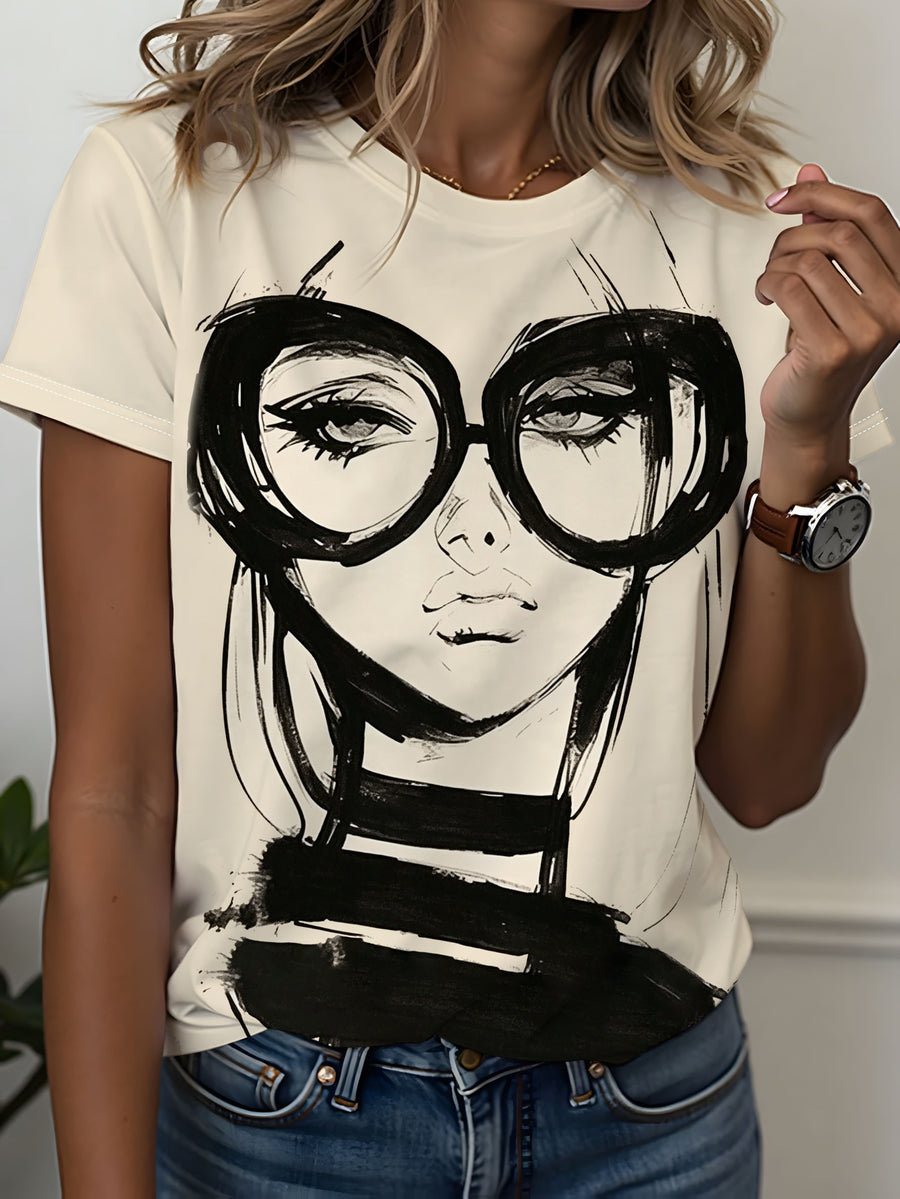 [Printed Design - Not Textured] Literary Ink Style Abstract Person with Glasses Print T-Shirt Women'S Easy Black And White Hand-Drawn Effect Design Loose Versatile Comfortable Casual Round Neck Short Sleeve Top Women'S T-Shirt - Khaki