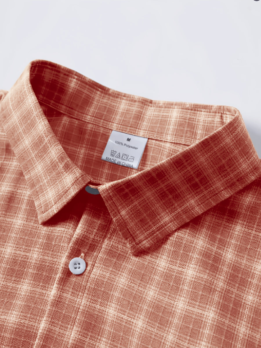 Men's Short-sleeved Shirt, Casual Plaid Short-sleeved Shirt, Suitable for Leisure Going Out, Light Business - created-ruby red