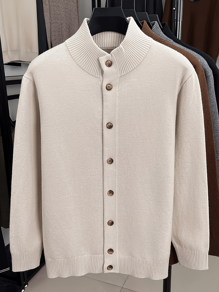 Men'S Solid Color Stand Collar Button-Up Sweater, Long Sleeve Fitted Knit Jacket, Soft Warm Blended Velvet Sweater Coat, Business Casual Daily Commute Fall Winter Outerwear, Classic Solid Color Men'S Knit Top - Yami Apricot