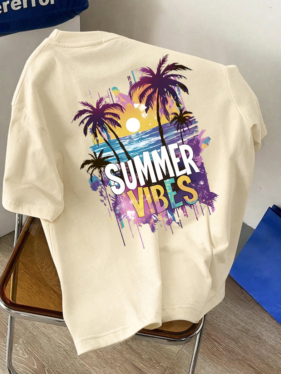Men's New Pure Cotton Crew Neck Short Sleeve T-Shirt with Summer Vibe Palm Tree Sunset Print, Suitable for Vacation, Leisure, Comfortable, Soft, Breathable, Summer Essential - Apricot