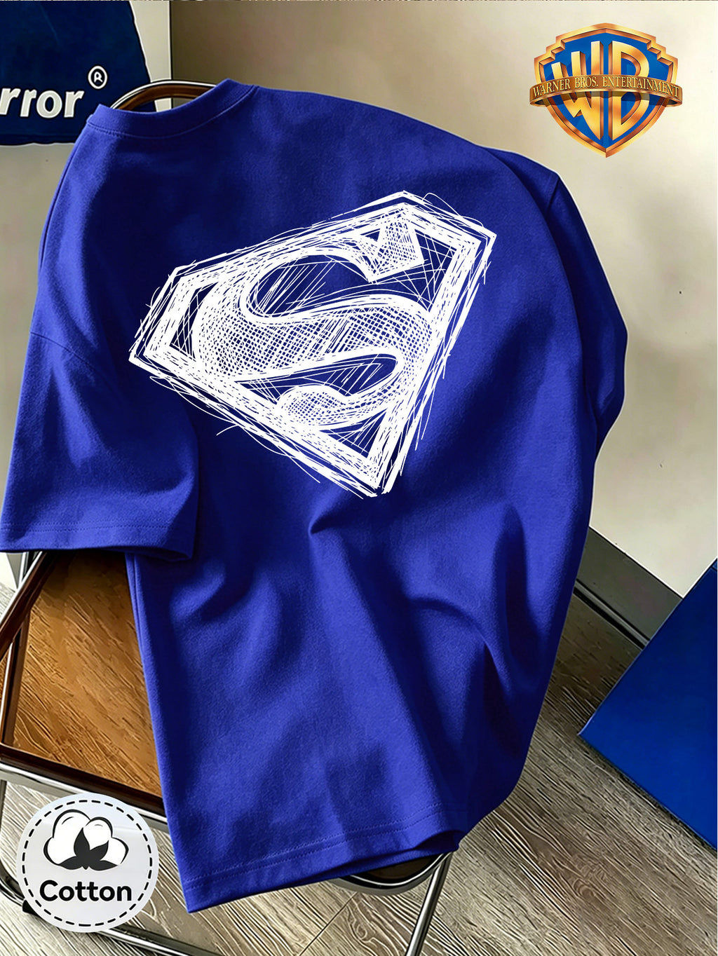 DC Superman Sketch S Logo Print 100% T-Shirt, Unisex Trendy Top, Double-Sided Print Design, Soft Fabric Material, Fashionable And Versatile Round Neck Short Sleeve Top, Designed for Men. Casual And Comfortable, Diverse Styles And Loose Fit - Royal Blue