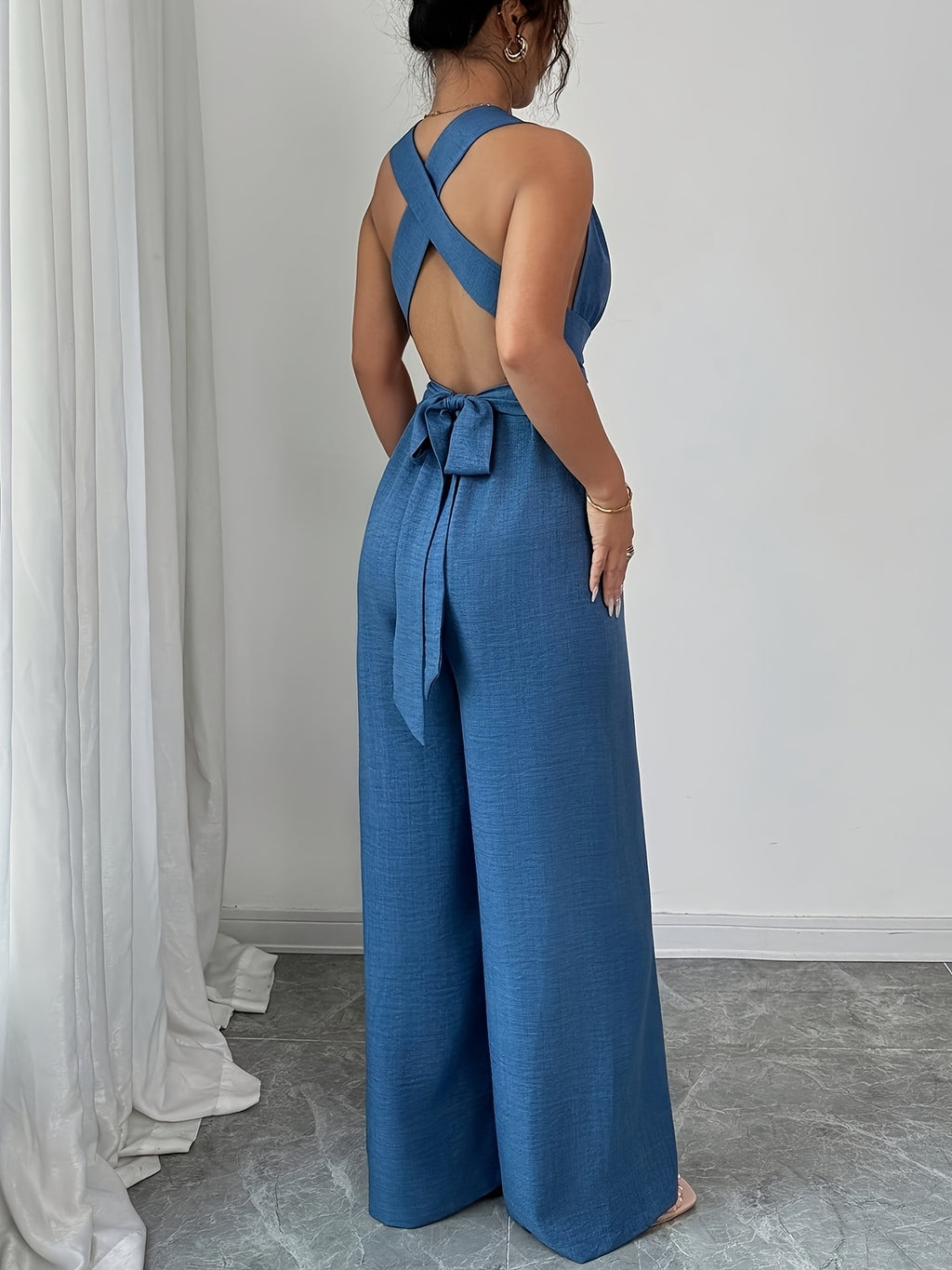 V-neck Women's Jumpsuit with Crisscross Waist Ties, Slit Back, and Wide-leg Straight-cut Pants - Blue