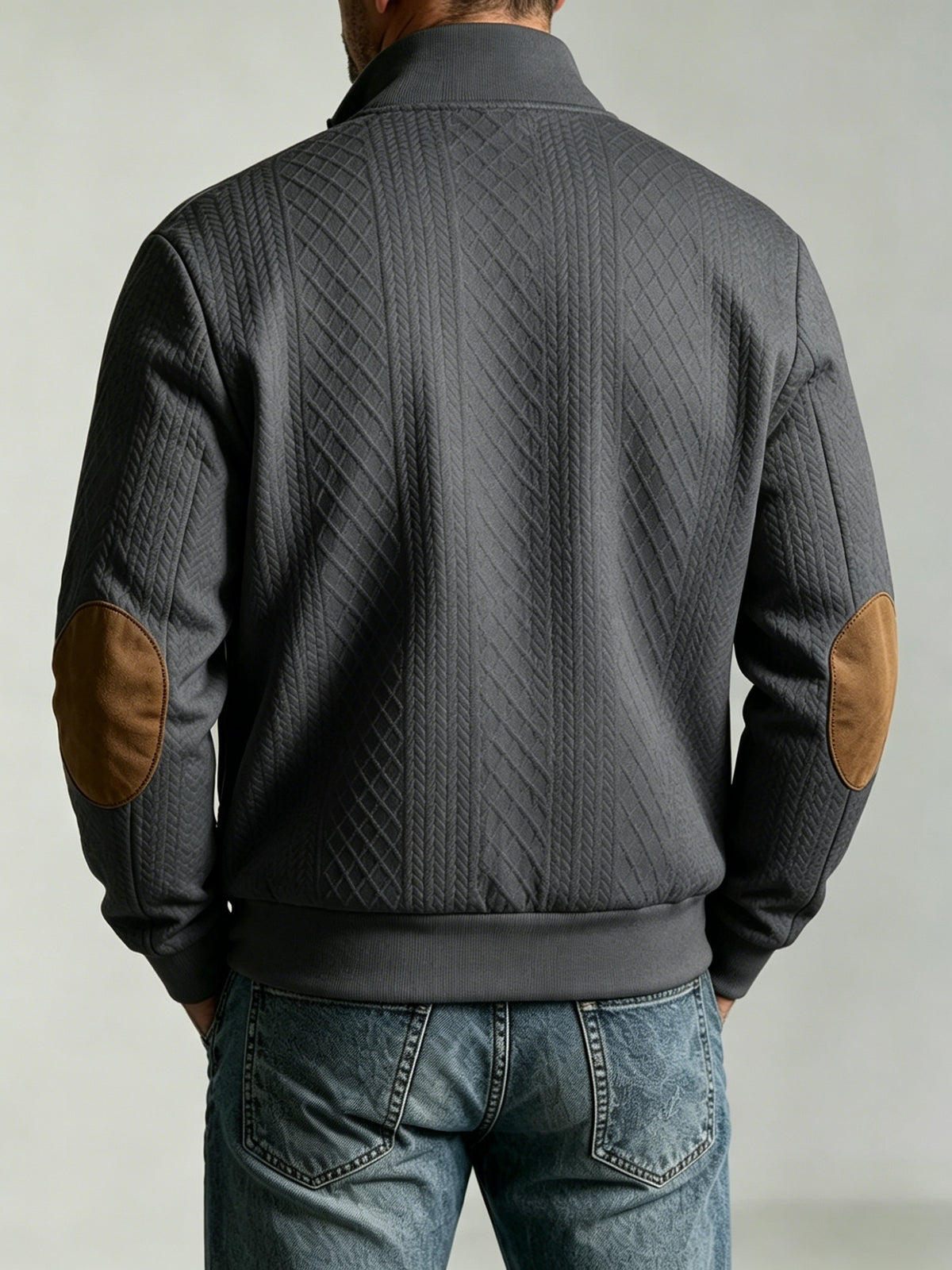 Spring/Autumn New Men's Stand Collar Rhombus Jacquard Baseball Jacket, Middle-Aged Business Casual Velvet Elbow Patch Design Knitted Cardigan, European and American Style Simple Versatile Solid Color Zipper Outerwear Top - Dark Gray