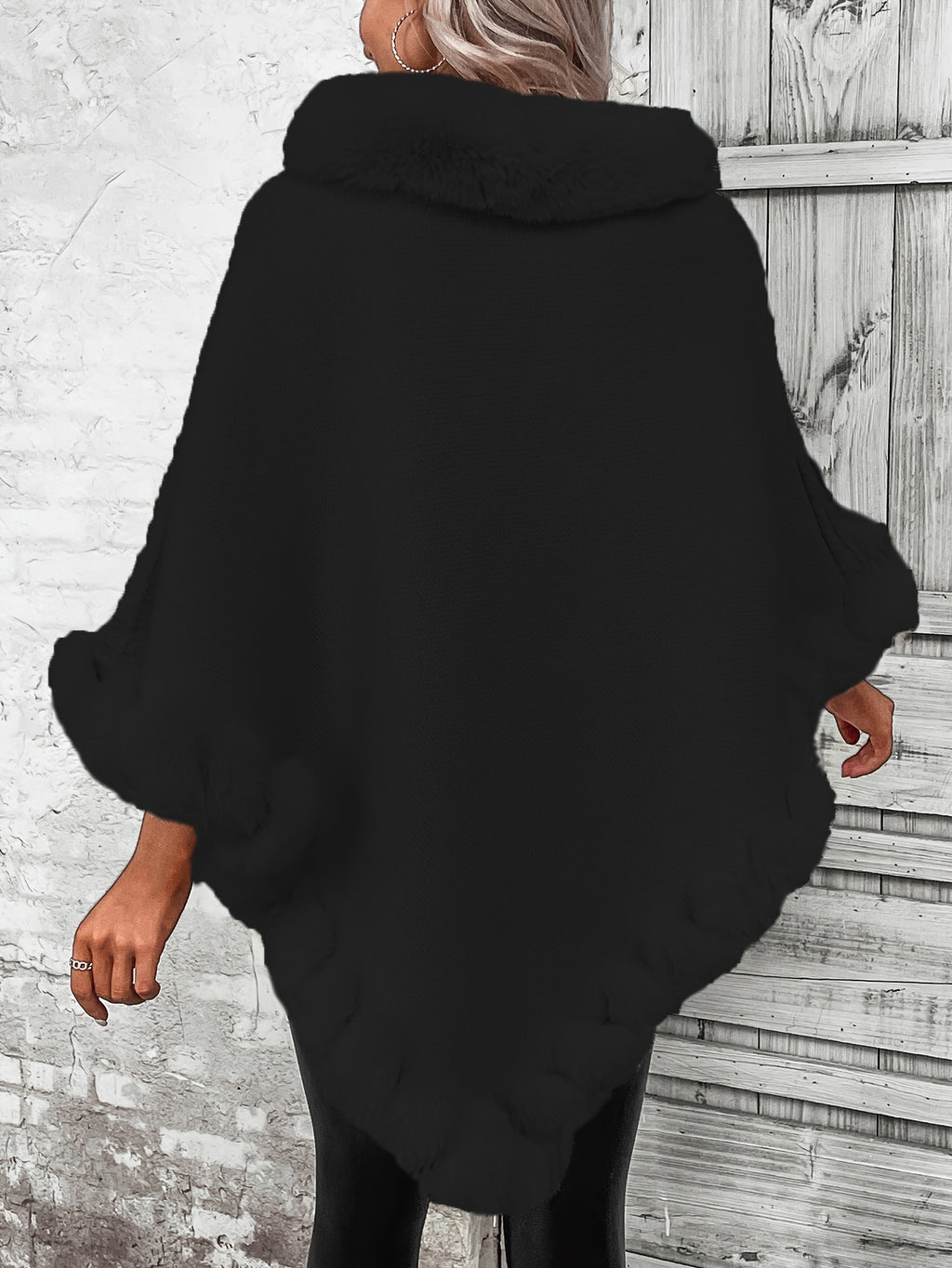 Women'S Elegant Faux Fur Collar Cape Coat - Soft Winter Coat with Plush Fur Trim, All-Season Chic Outerwear for Everyday & Formal Events - Black