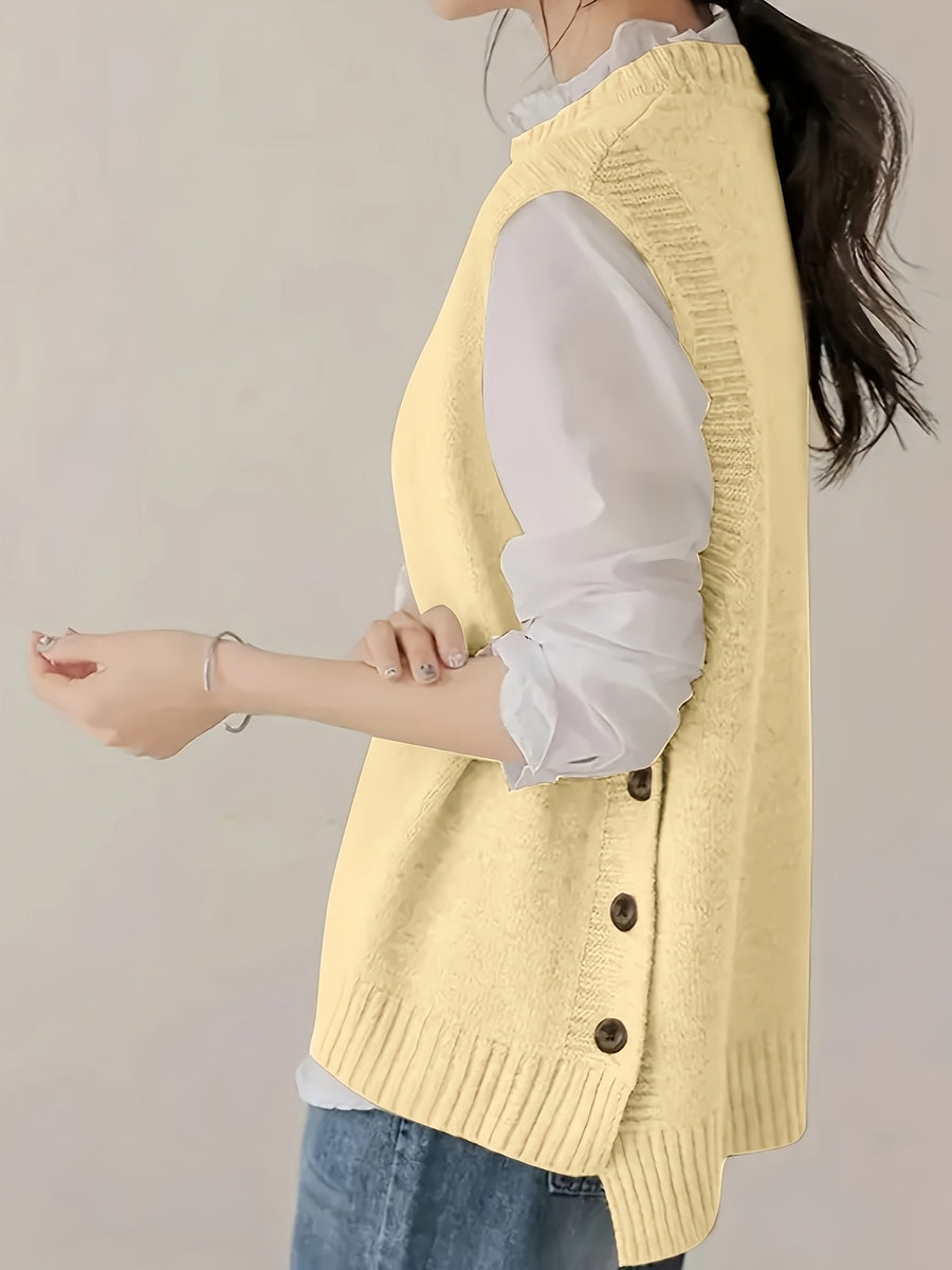 Round Neck Short Front And Long Back Button Sweater - Yellow