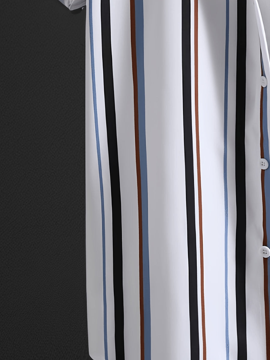 2026 New Men'S Summer Cooling Loose Trendy Premium Sense Bad Boy Fashion Retro Lapel Striped Short Sleeve Button-Up Shirt, Suitable for Summer Daily Wear, Dining Dates, Beach Vacation, Party Wear Ideal Gift - Mixed colors