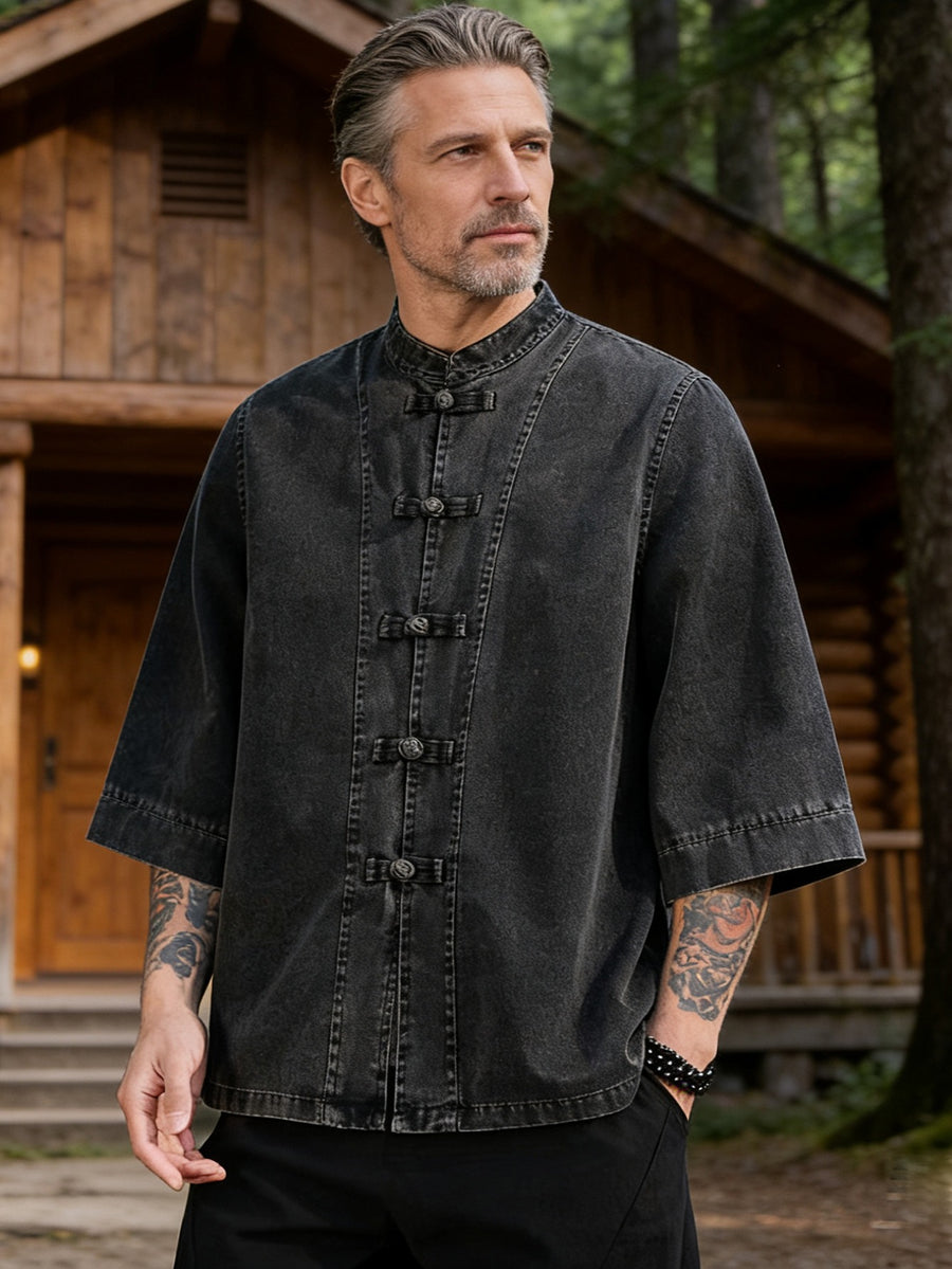 Zhiyu OBM New Chinese-Style Vintage Button-Up Denim Jacket, Chinese Tang-Style Shirt, Loose Fit Plus Size Mantou-Style Seven-Quarter Sleeve Hanfu Men's Top, Chinese Size, Please Check The Size Guide Carefully - Black