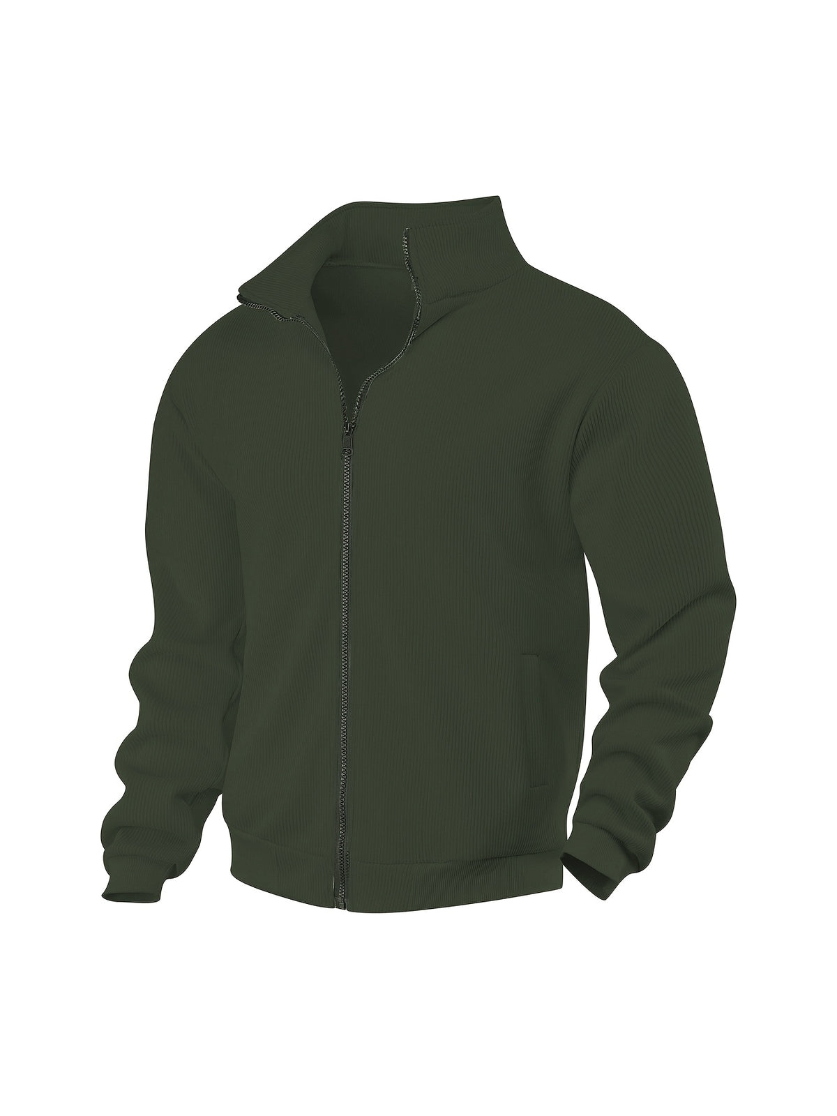 Men's Corduroy Full-Zip Stand Collar Jacket, Soft Vertical Rib Texture Corduroy Casual Full-Zip Outerwear, Ribbed Cuffs and Hem, Side Insert Pockets, Loose Fit Cut, Lightweight and Warm Jacket, Suitable for Autumn/Winter Daily Wear, Street Outings - Military Green