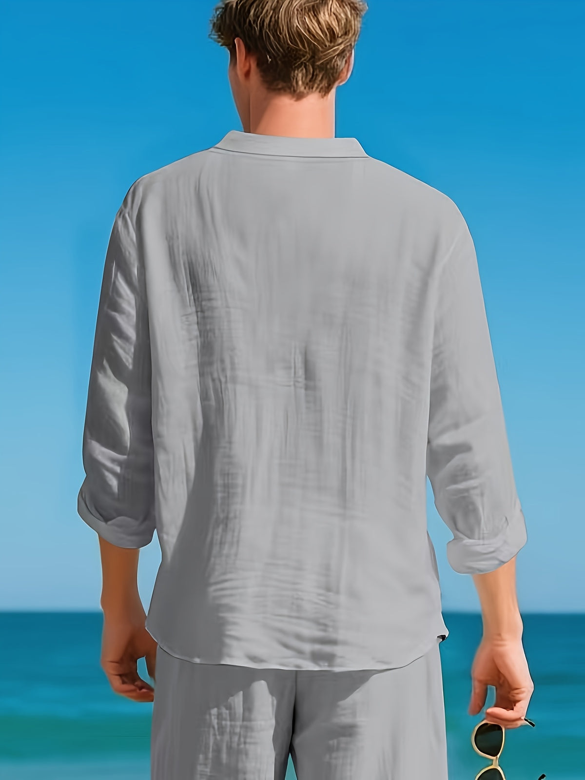 2026 Cross-border American Loose Fit Linen Henley Shirt, All Season Solid Color Breathable Stand Collar Long Sleeve T Shirts for Men Casual Daily Tops - Light Grey
