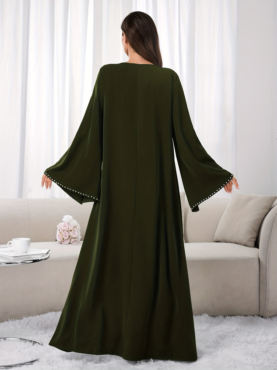 1pc Slim-fit Stretch Abaya Sleeve Front Zipper A-line AbayaElegant Flowing Muslim Robe Convenient Daily Islamic Women's WearStretch Sleeve Front Zipper AbayaSuitable for Daily Commuting, Gatherings with Family Friends, and Islamic Festive Occasions - Olive Green